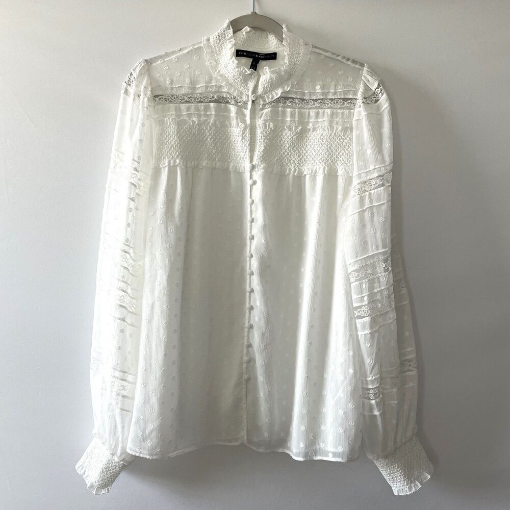 White House Black Market Lace Smocked Swiss Dot Blouse White Size L - Picture 1 of 15